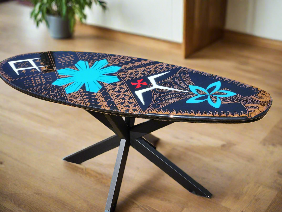 Tribal surfboard coffee table