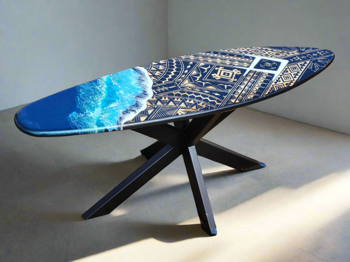 Tribal surfboard coffee table